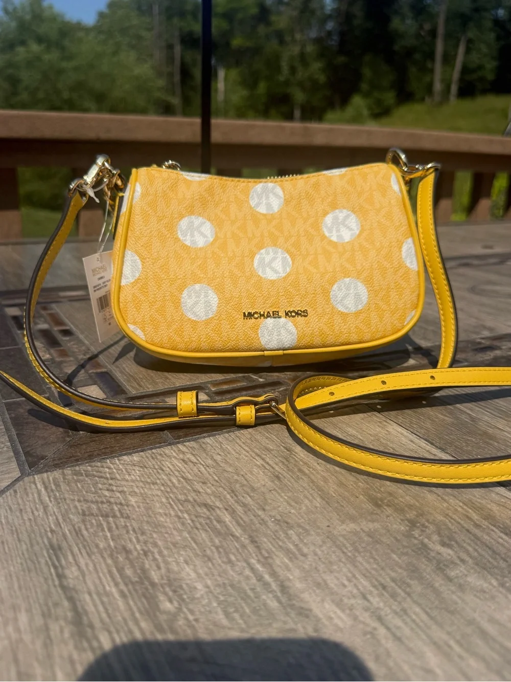 NWT Michael Kors Carmela Small Polka Dot and Signature Logo Pochette Yellow Bag